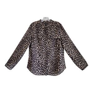 ANN TAYLOR Women 12 Blouse Button Up Animal Print Epaulettes Black Tan Bust 40"